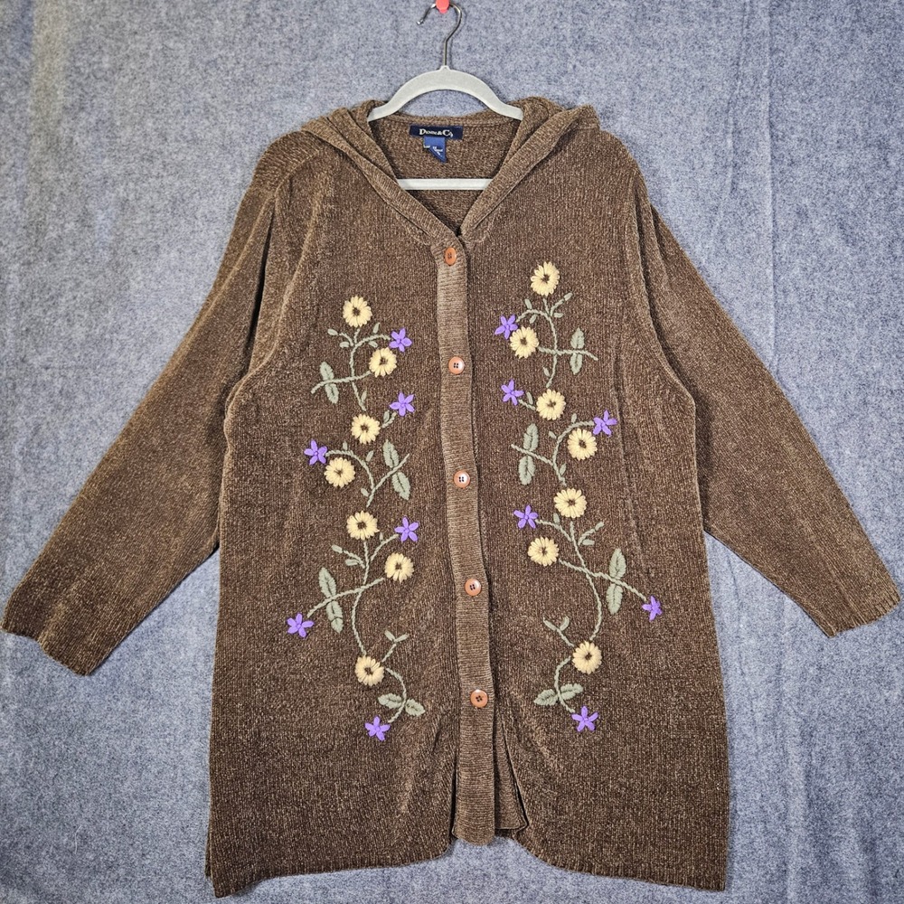 Womens Brown Chenille Floral Embroidered Hooded Cardigan Earthy Autumn Sz 1X